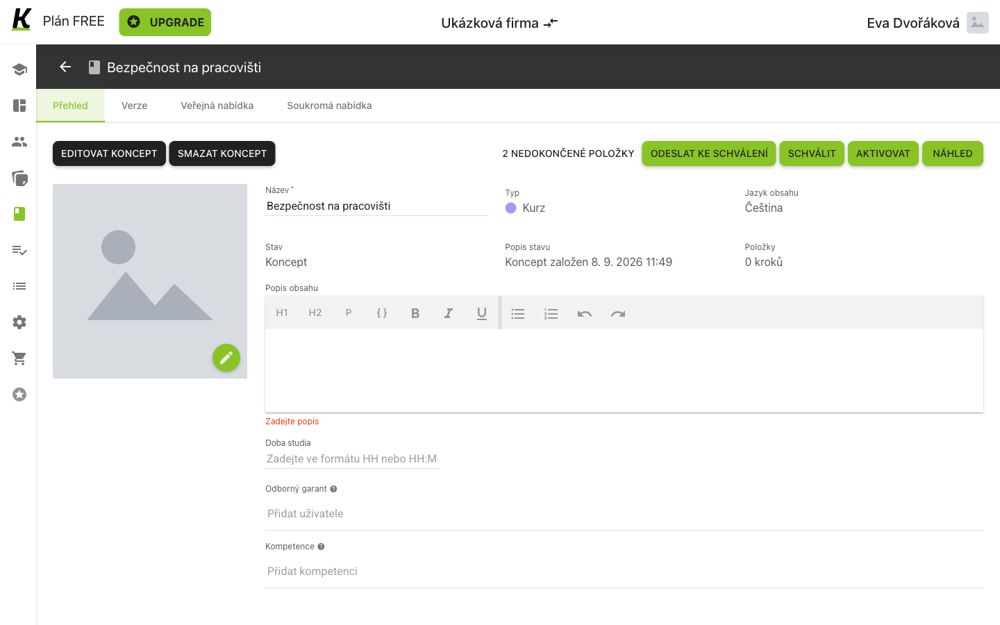 The new course's overview page in draft state
