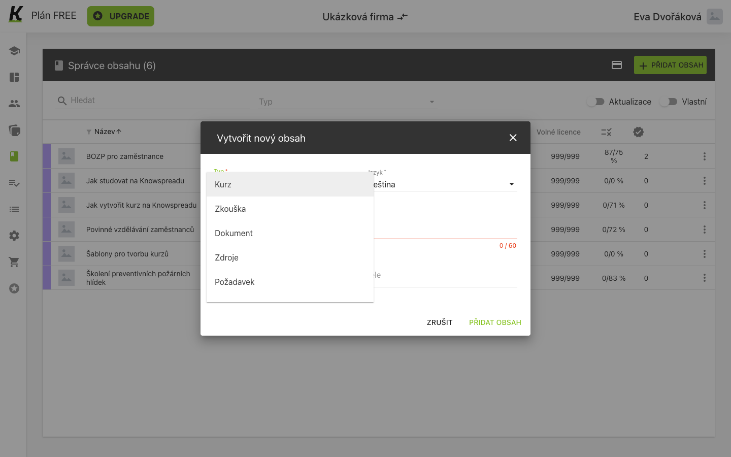 The create-content dialog with its type list open
