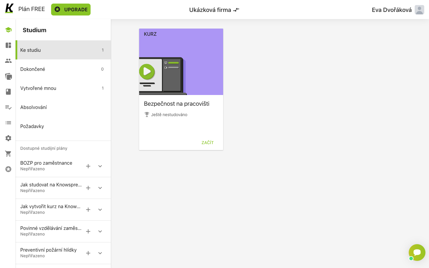 The learner dashboard: one item to study, none completed, a course card for Bezpečnost na pracovišti with a ZAČÍT button, and a list of study plans available to join.