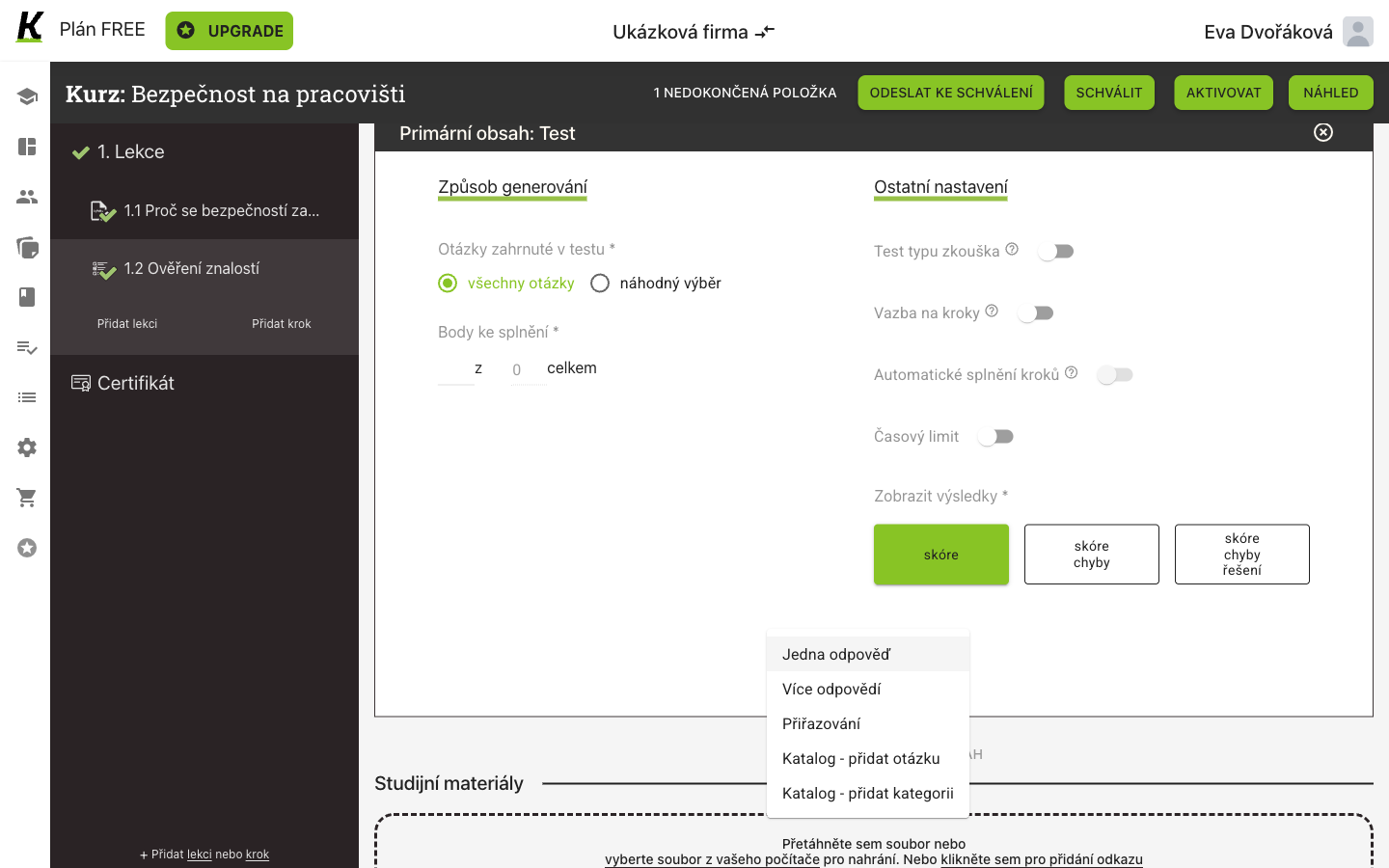 The add-question menu: single answer, multiple answers, matching, and two entries that pull from the question catalogue.