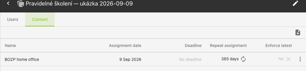 Content list after saving and reloading: BOZP home office shows 365 days under Repeat assignment.