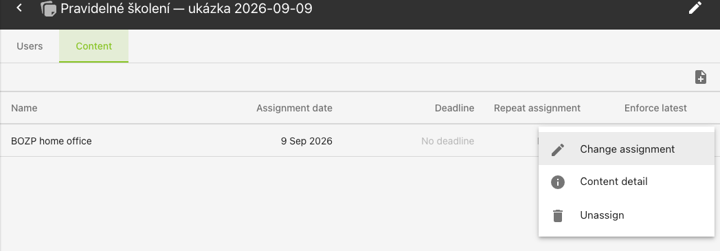 Content tab of the demonstration plan with the Change assignment menu open for BOZP home office.