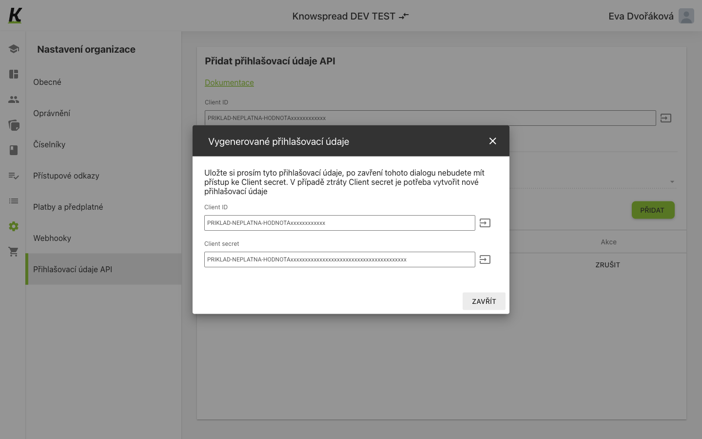 Generated API credentials dialog